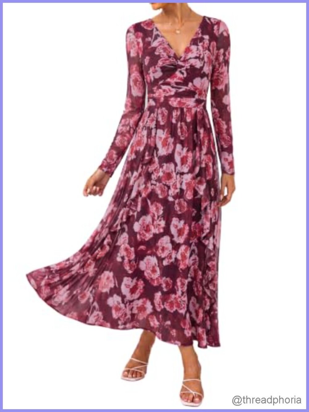 Women Long Sleeve Formal Floral Maxi Dress Mesh A-Line Twist Front